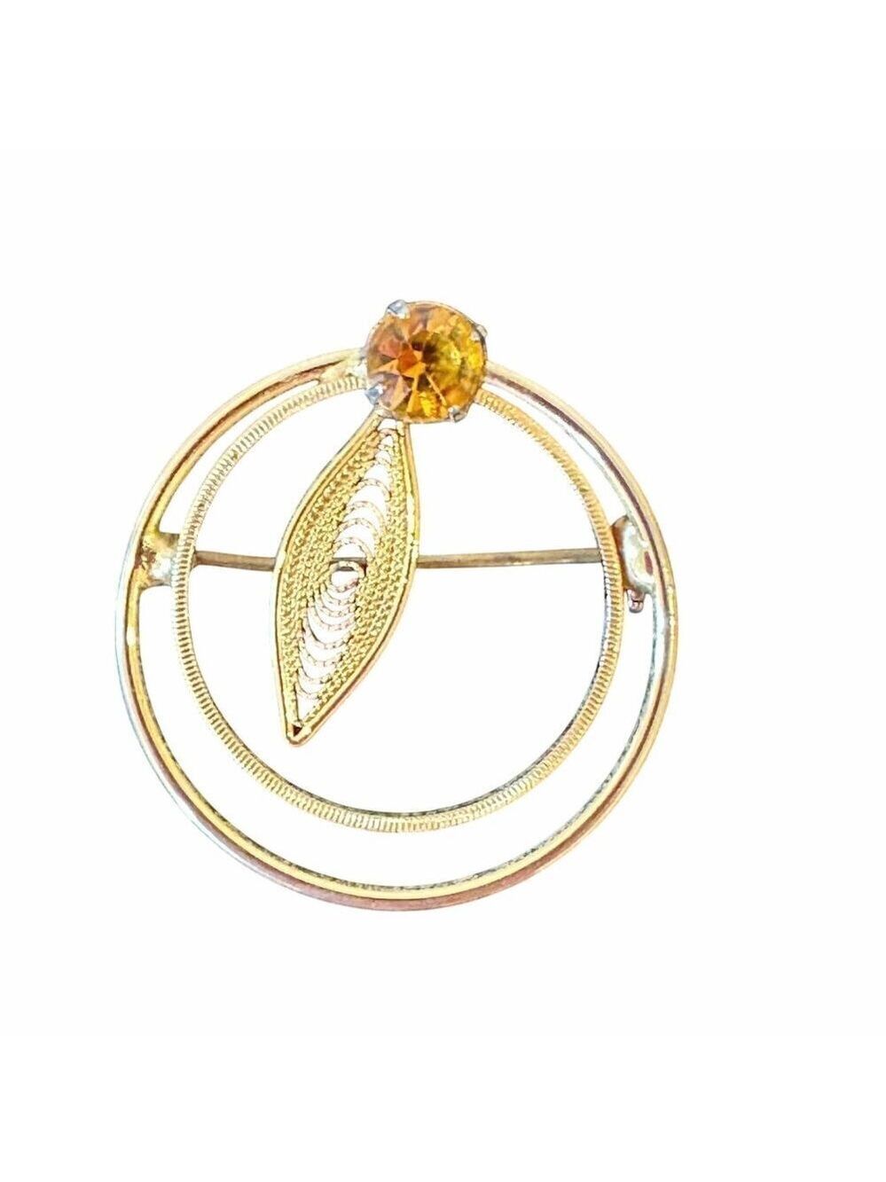 Vintage Gold Double Circle Brooch Leaf Filigree Design Amber Rhinestone 1.25in